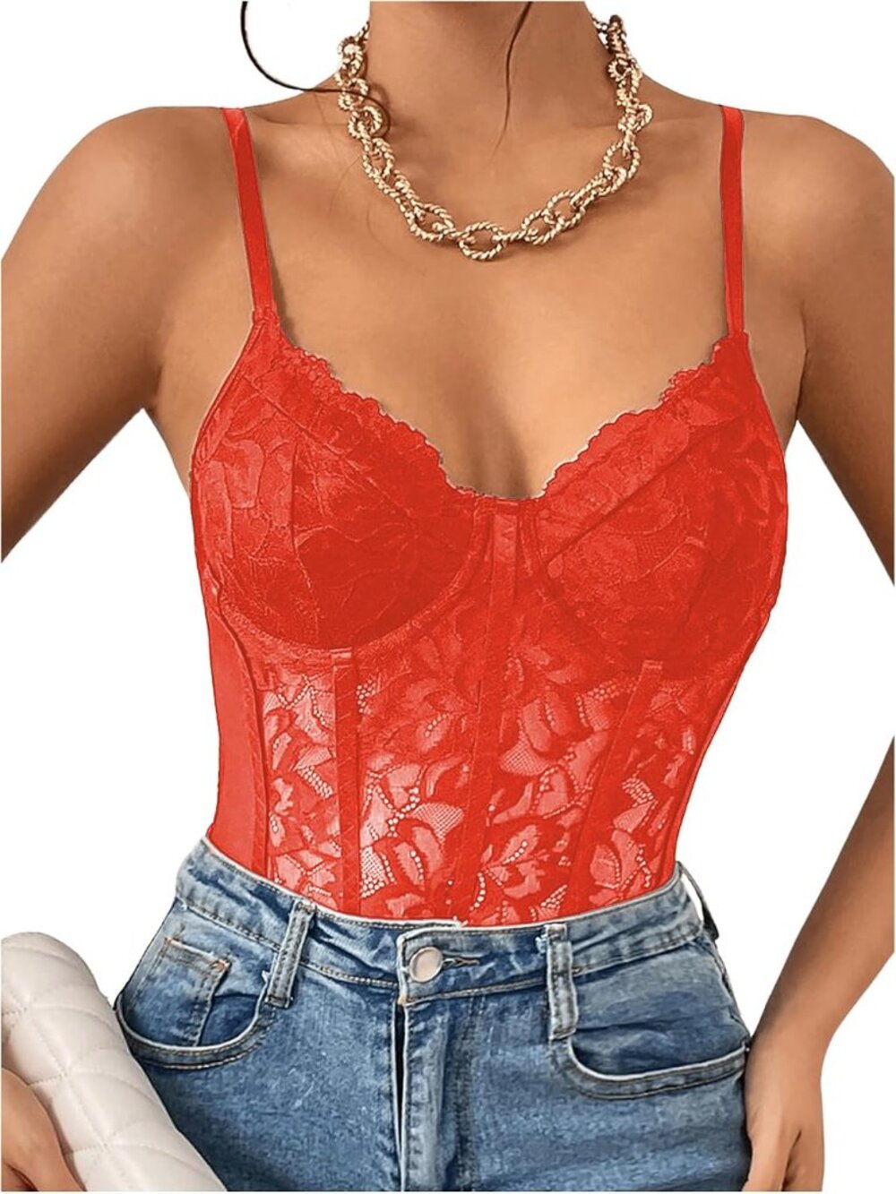 Women's Orange Underwire Sheer Mesh Bustier Spaghetti Bodysuit Lace Corset Top